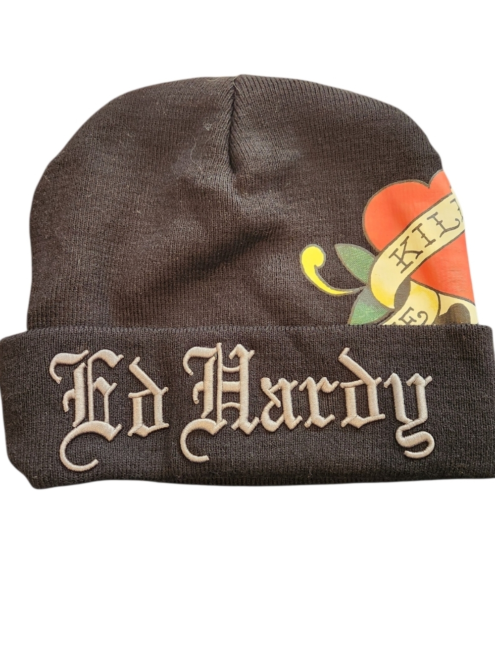 Ed Hardy Black LKS Love Kills Slowly Skull Beanie Tattoo Heart Graphic One Size